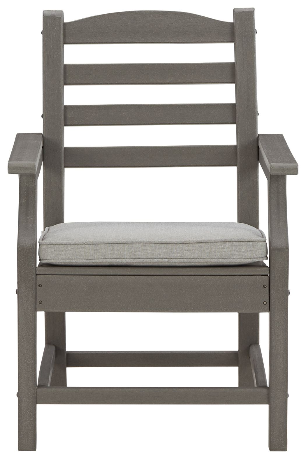 Gray arm chair with cushion, front view, slatted back and padded seat
