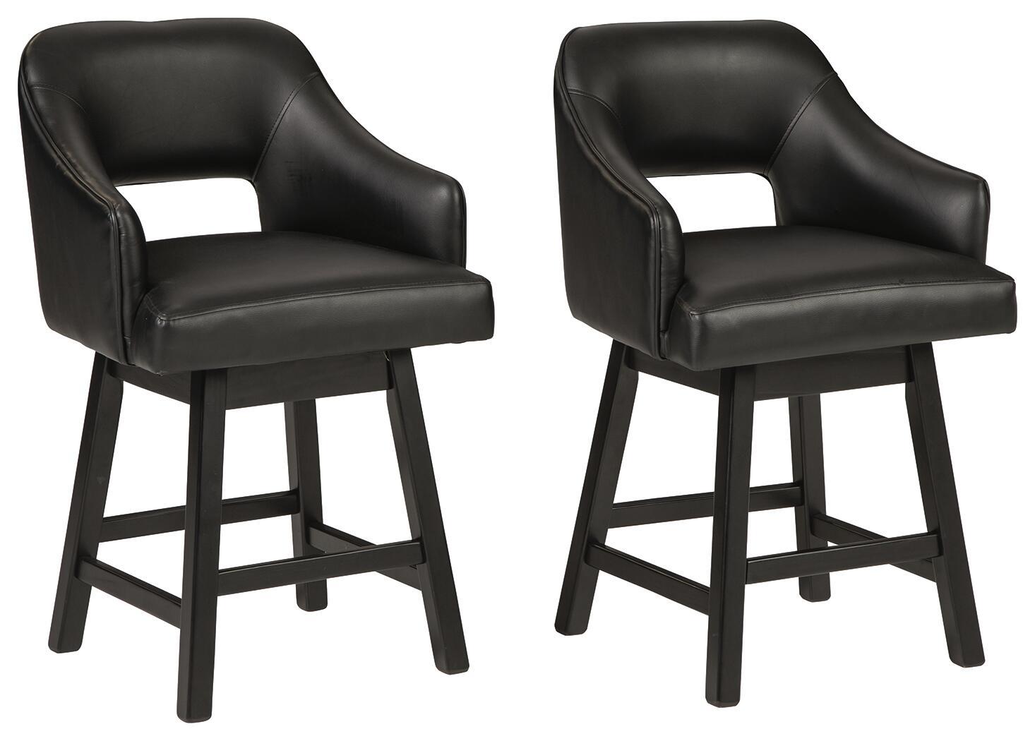 Black upholstered barstools with padded seat, curved back, and dark four-leg bases, set of 2