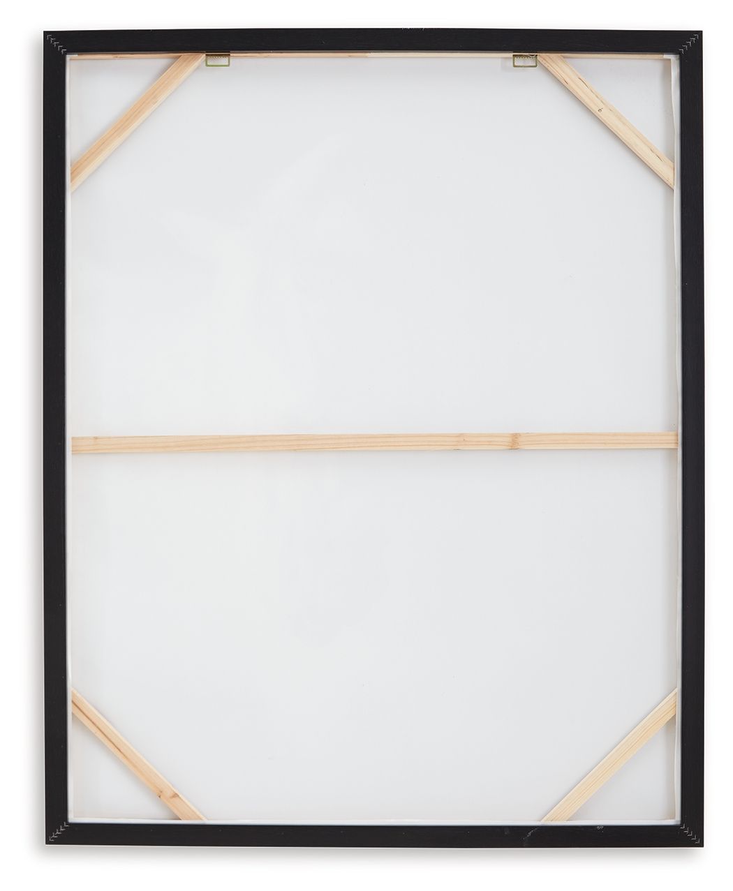 Back view of framed wall art with white backing and wooden corner braces