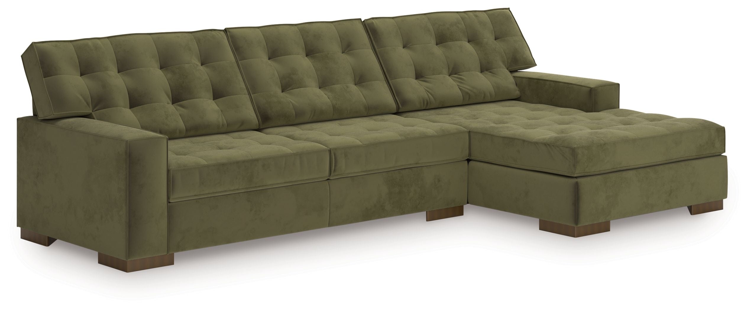 Olive green corner sectional sofa with chaise, tufted cushions, clean-lined arms