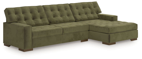 Olive green corner sectional sofa with chaise, tufted cushions, clean-lined arms