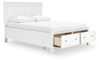 White panel bed with two drawer storage compartments shown on the side