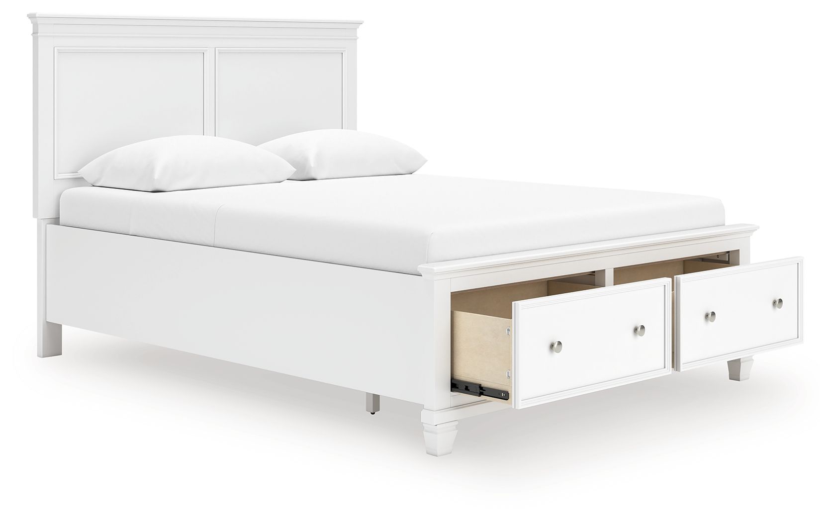White panel bed with two drawer storage compartments shown on the side