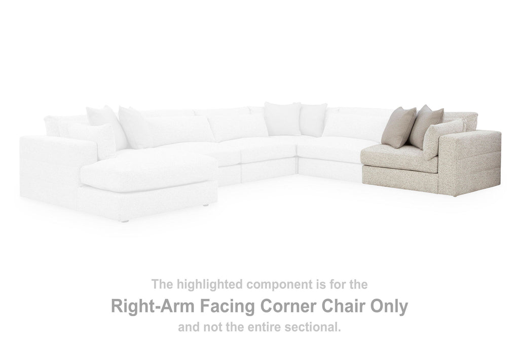 Right-arm facing light grey corner sectional chair with multiple back cushions
