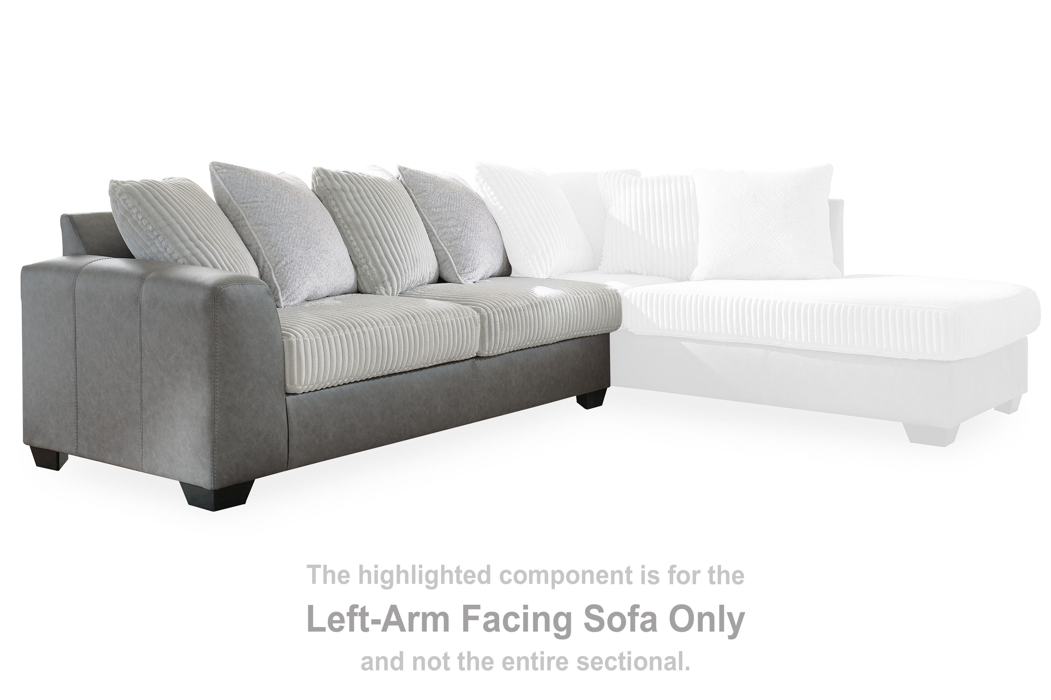 Left-facing sectional sofa with chaise extension, grey base, and ribbed cushions
