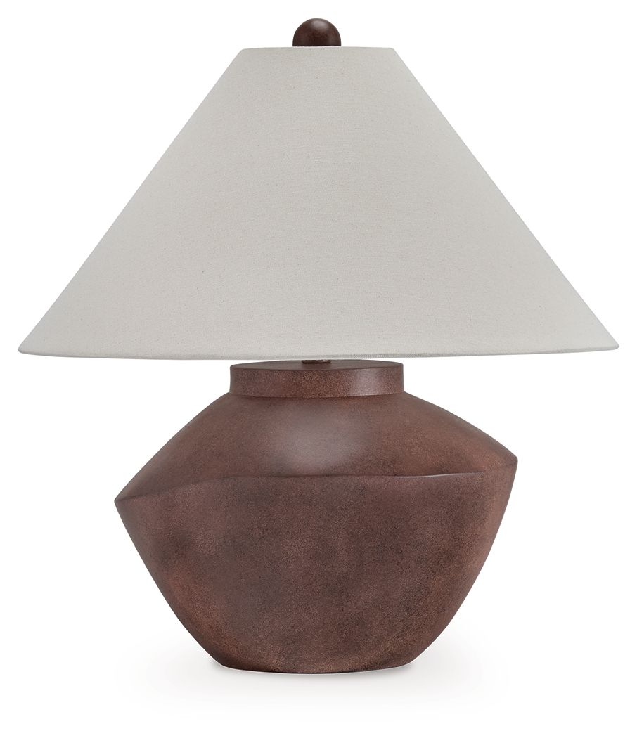 Antique brown table lamp with beige fabric shade and rounded base