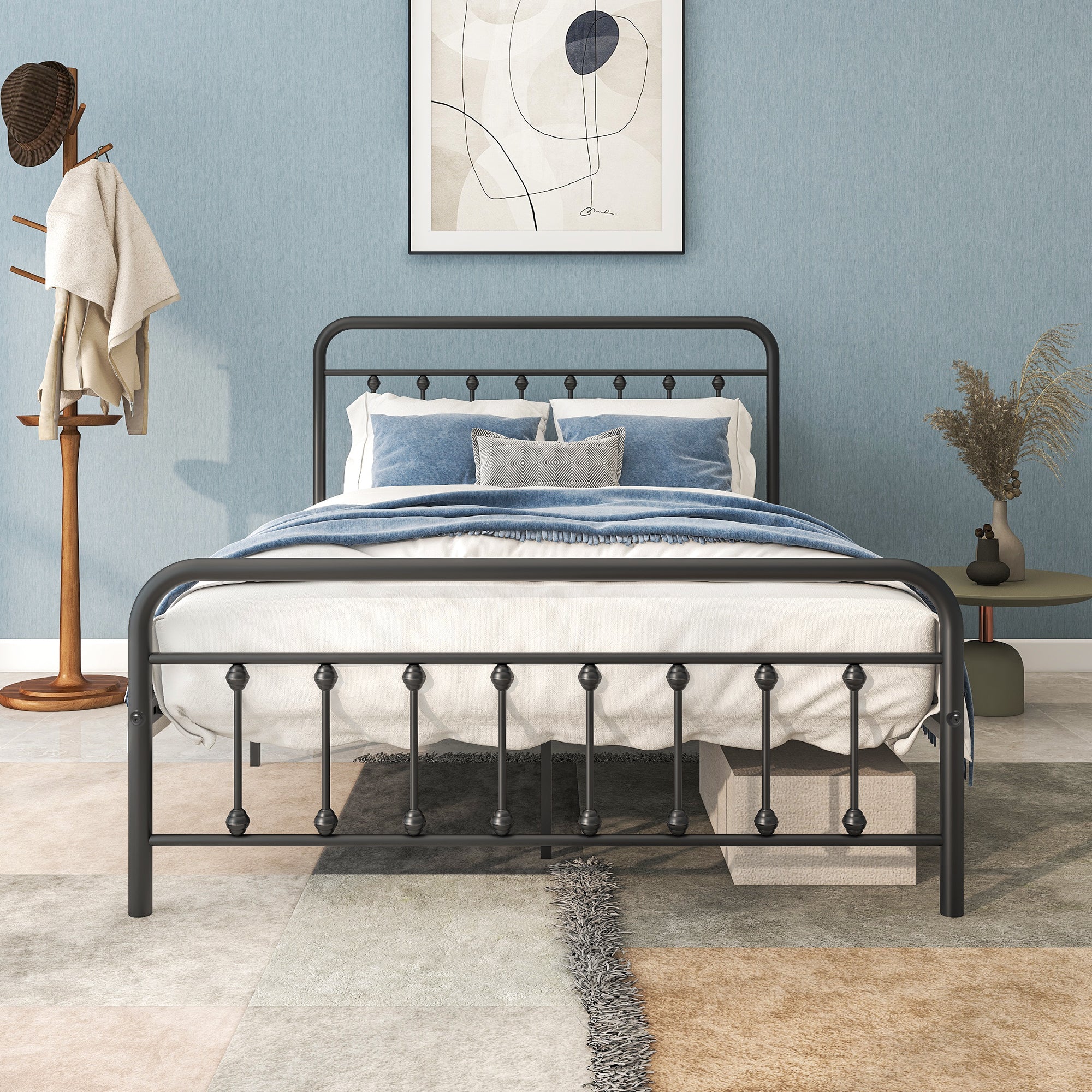 Full Black Victorian Metal Platform Bed Frame with Storage, No Box Spring