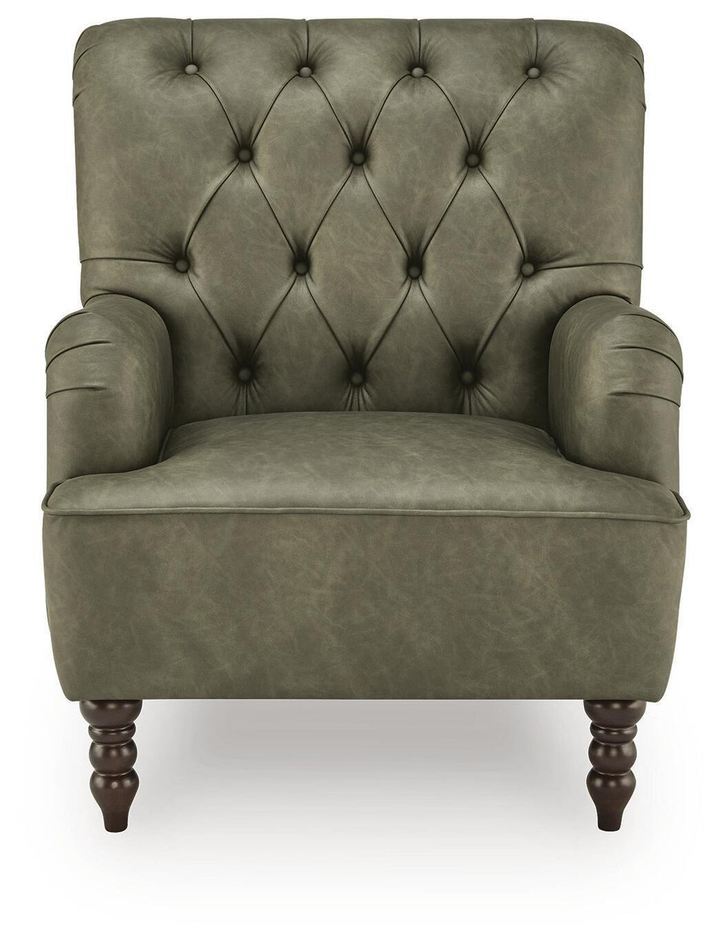 Green velvet-look accent chair with tufted diamond back, rounded arms, and dark wood feet.