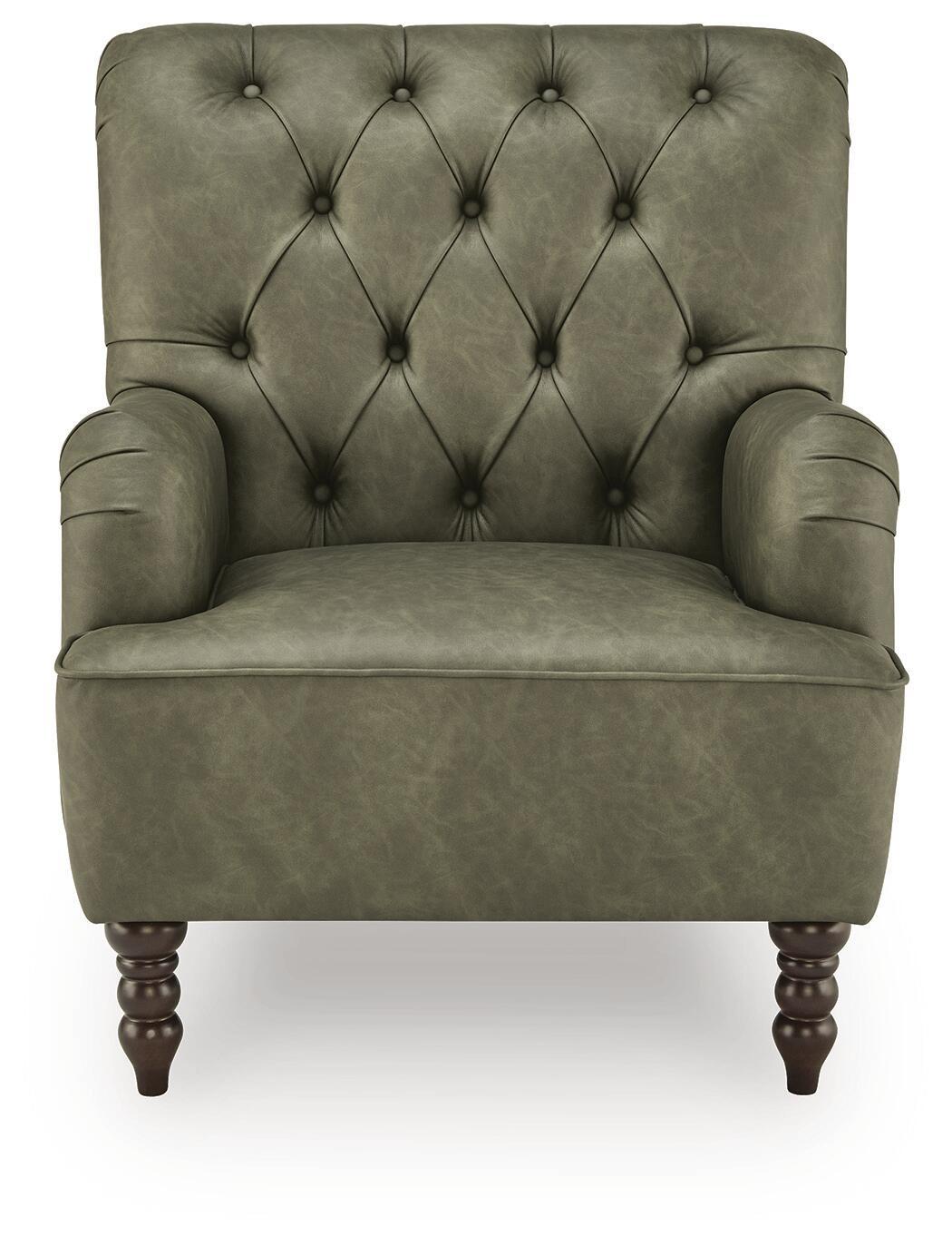 Green velvet-look accent chair with tufted diamond back, rounded arms, and dark wood feet.