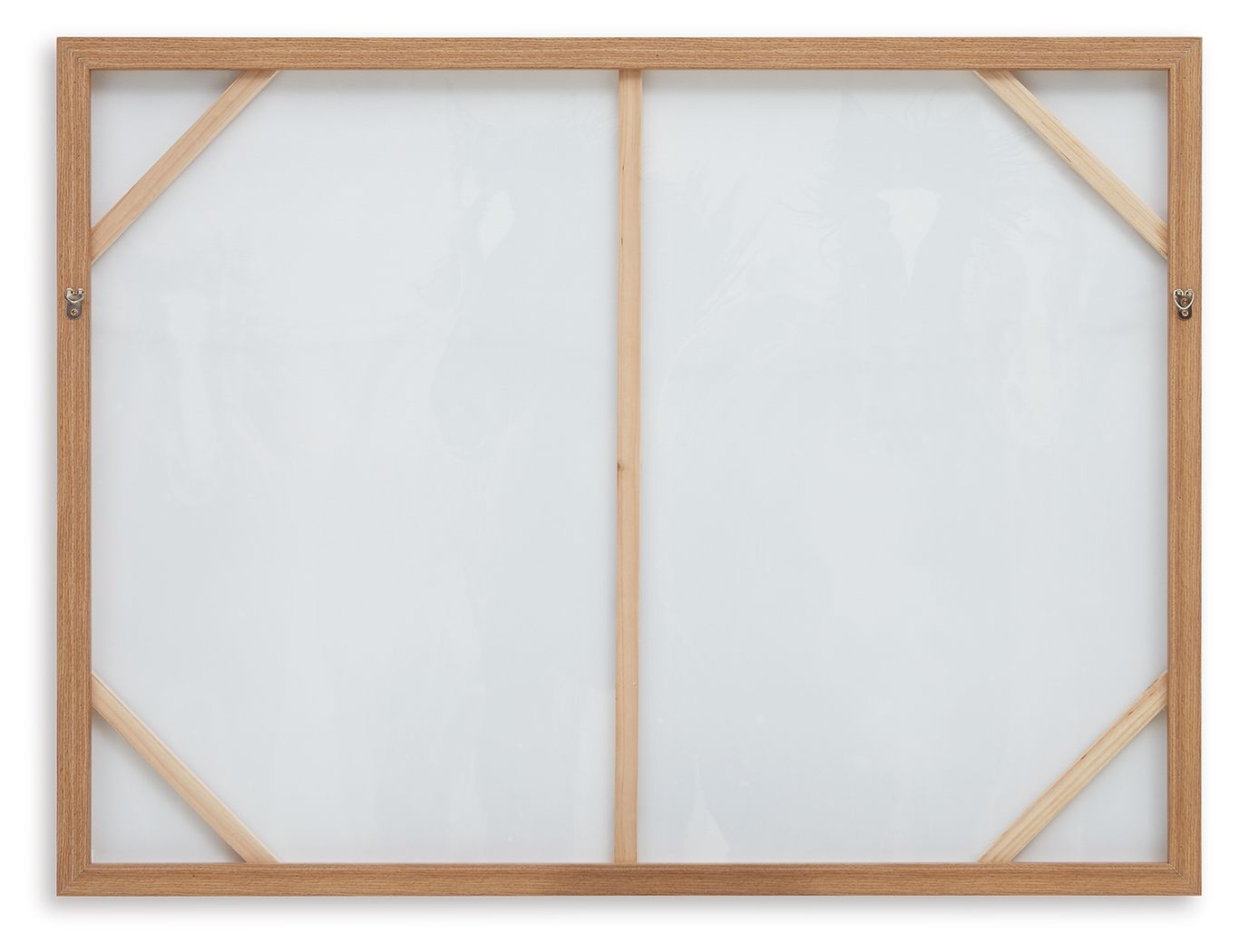 Wood-framed wall art panel with empty white background