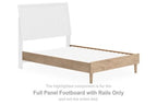Tan full panel footboard with rails for a bed frame, light wood rails and posts