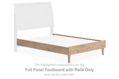 Tan full panel footboard with rails for a bed frame, light wood rails and posts