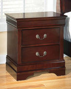 Reddish brown two-drawer nightstand with curved metal handles