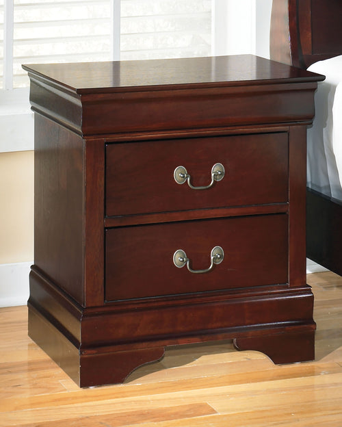 Reddish brown two-drawer nightstand with curved metal handles