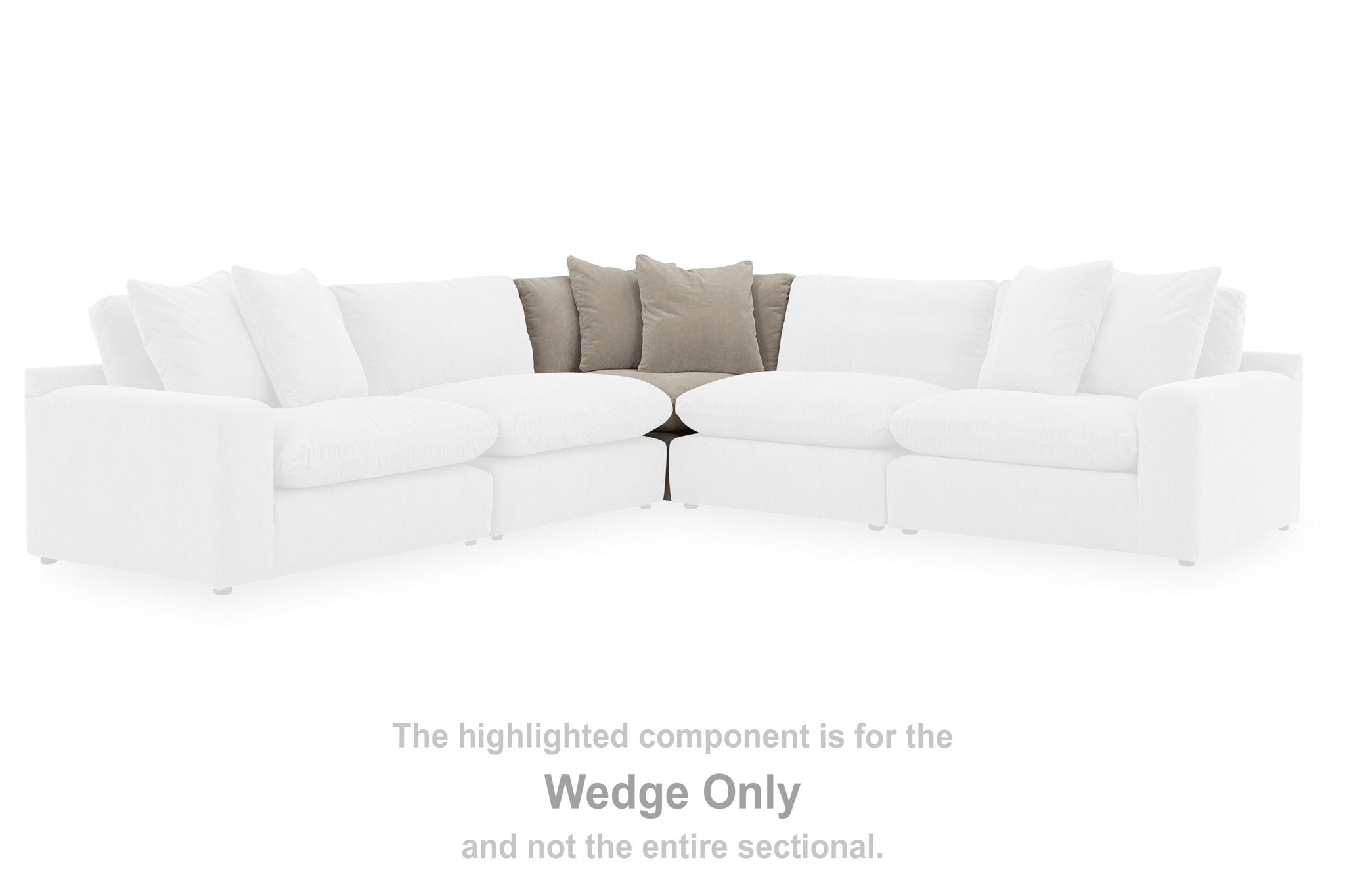 Upholstered sectional wedge in light fabric with multiple back cushions and armrests