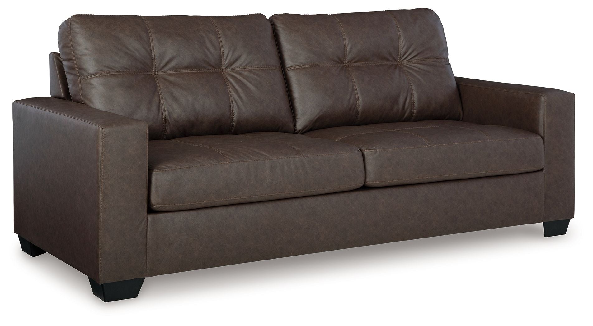 Brown sofa sleeper with tufted back cushions and two-seat bench, track arms.