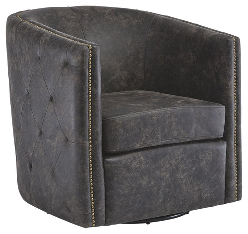 Dark swivel accent chair with button-tufted back, squared arms, and gold nail trim