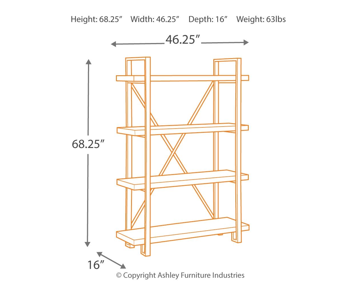 Bookcase dimension diagram with height, width, and depth measurements