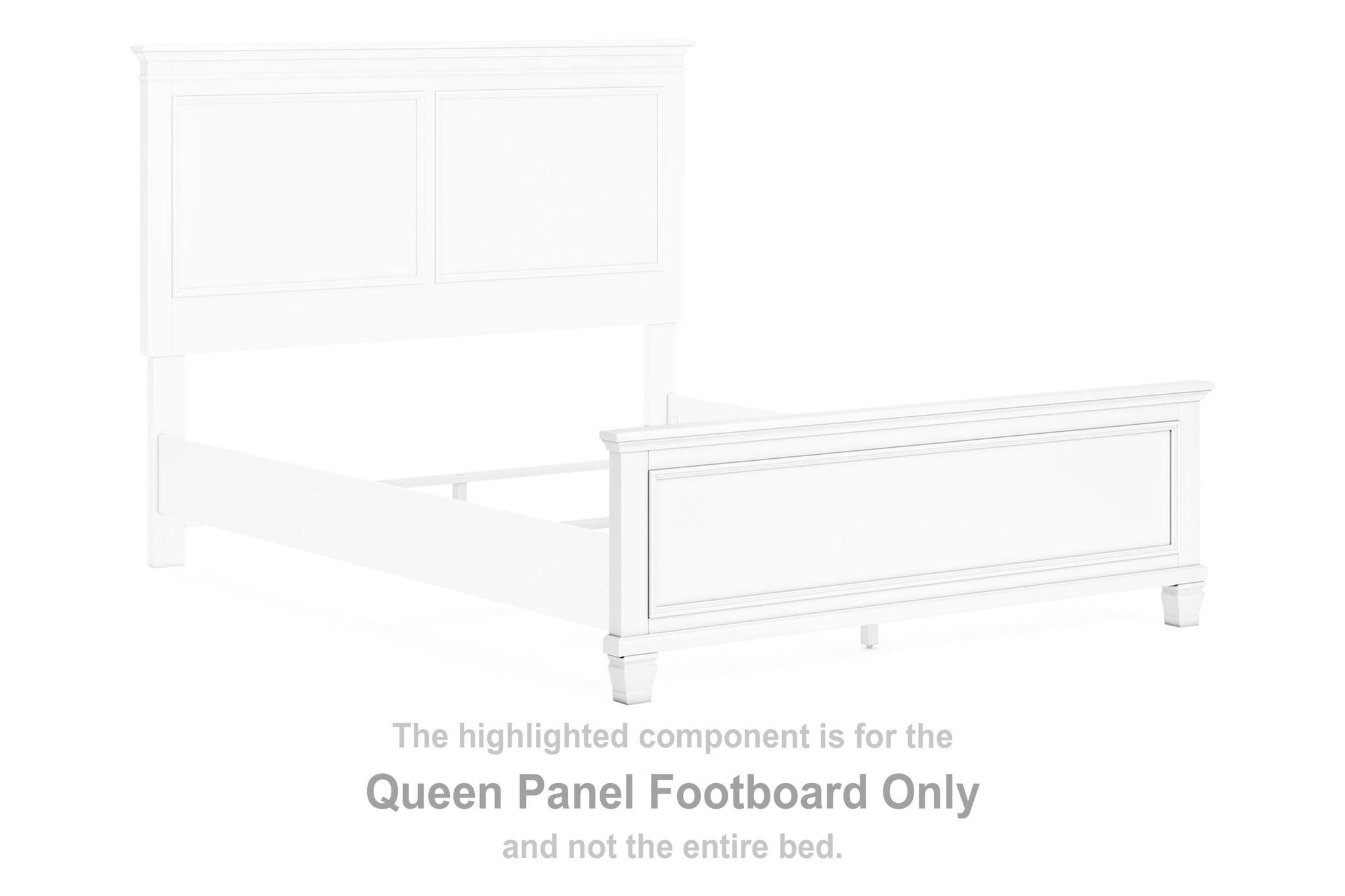 White queen panel footboard with rectangular paneling and two side legs