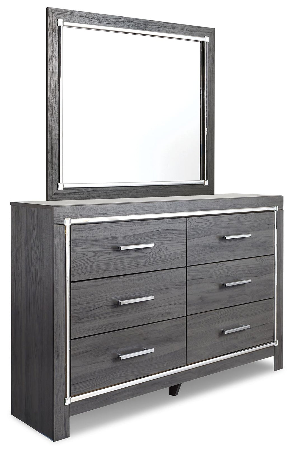 Gray dresser with mirror and six drawers, silver bar hardware