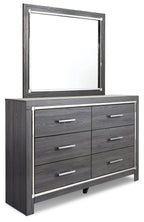 Gray dresser with mirror and six drawers, silver bar hardware