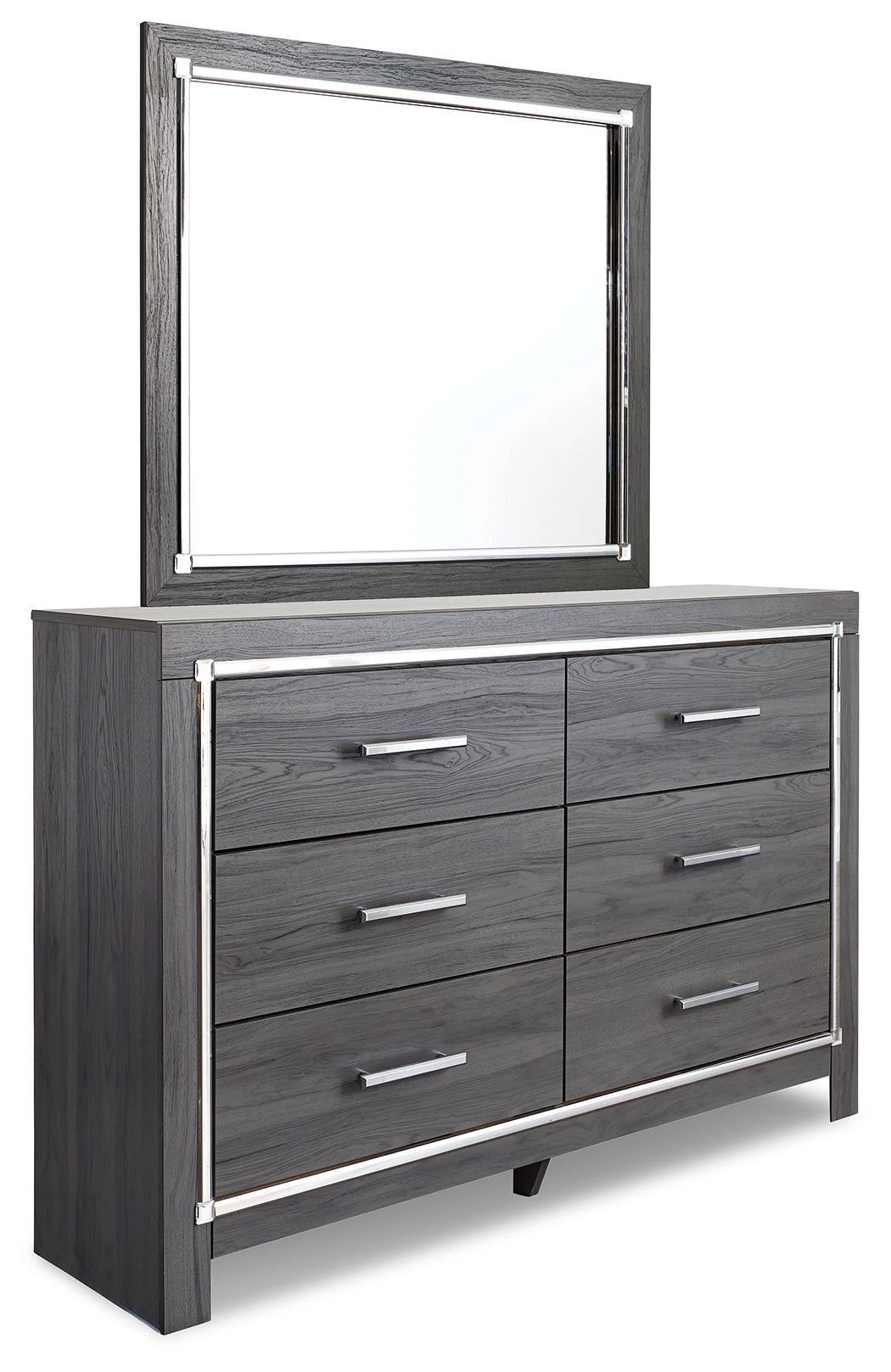 Gray dresser with mirror and six drawers, silver bar hardware