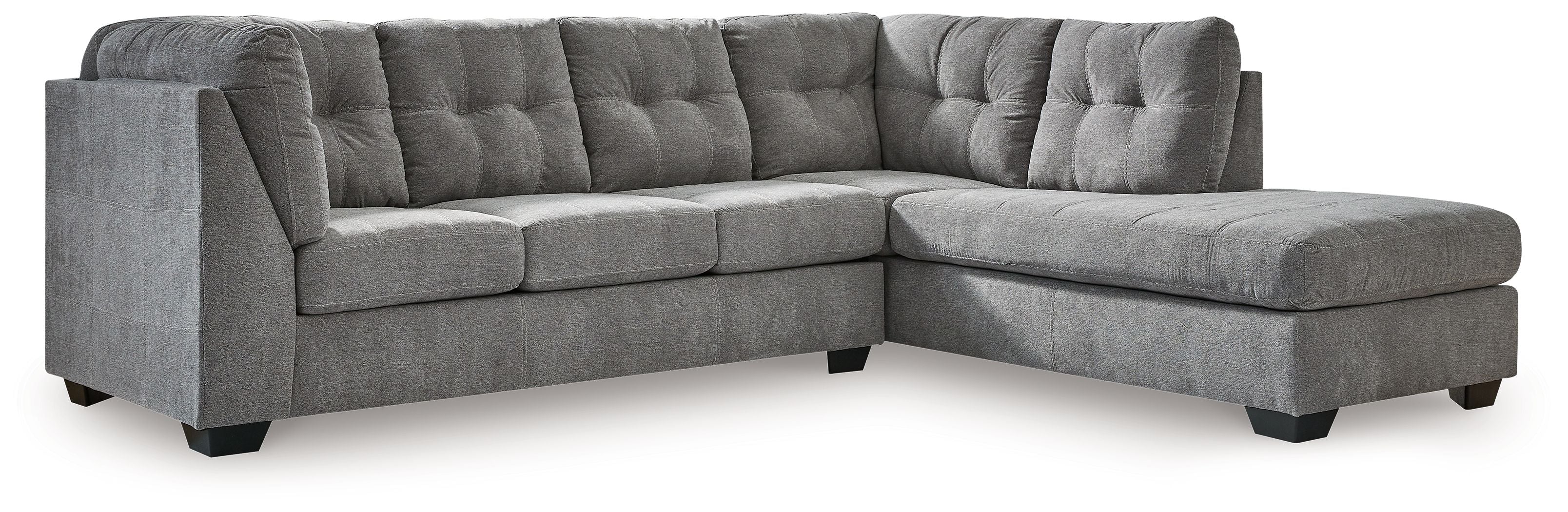 Gray sectional sleeper sofa with tufted backrest and chaise corner, low block feet
