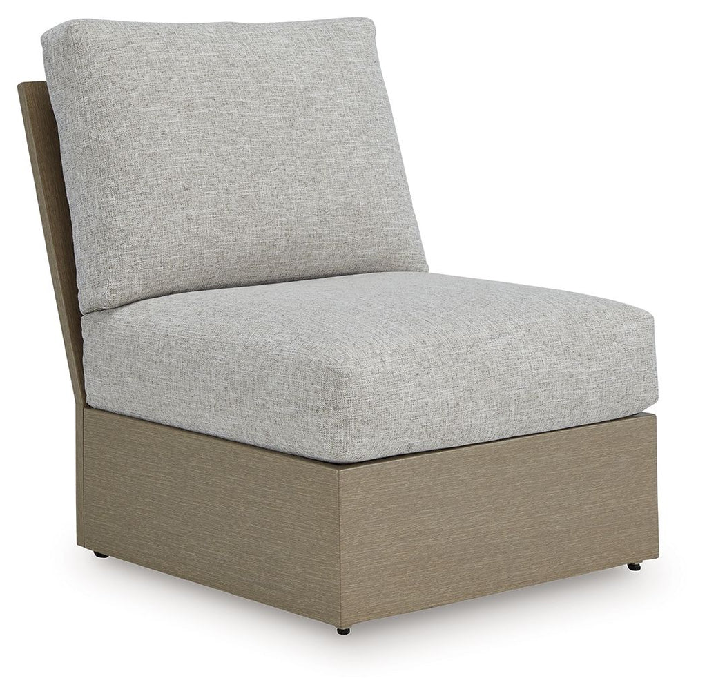 Armless chair with cushion, light gray fabric and brown base, boxy seat