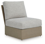 Armless chair with cushion, light gray fabric and brown base, boxy seat
