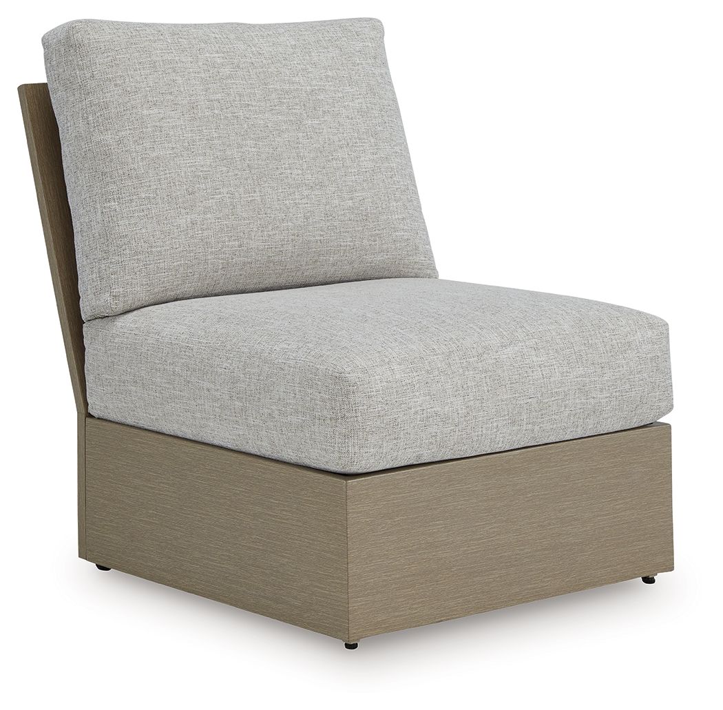 Armless chair with cushion, light gray fabric and brown base, boxy seat