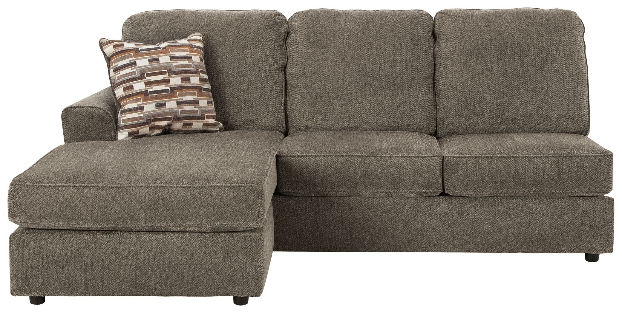 Gray sofa chaise with chaise extension, tufted back cushions, and patterned throw pillow