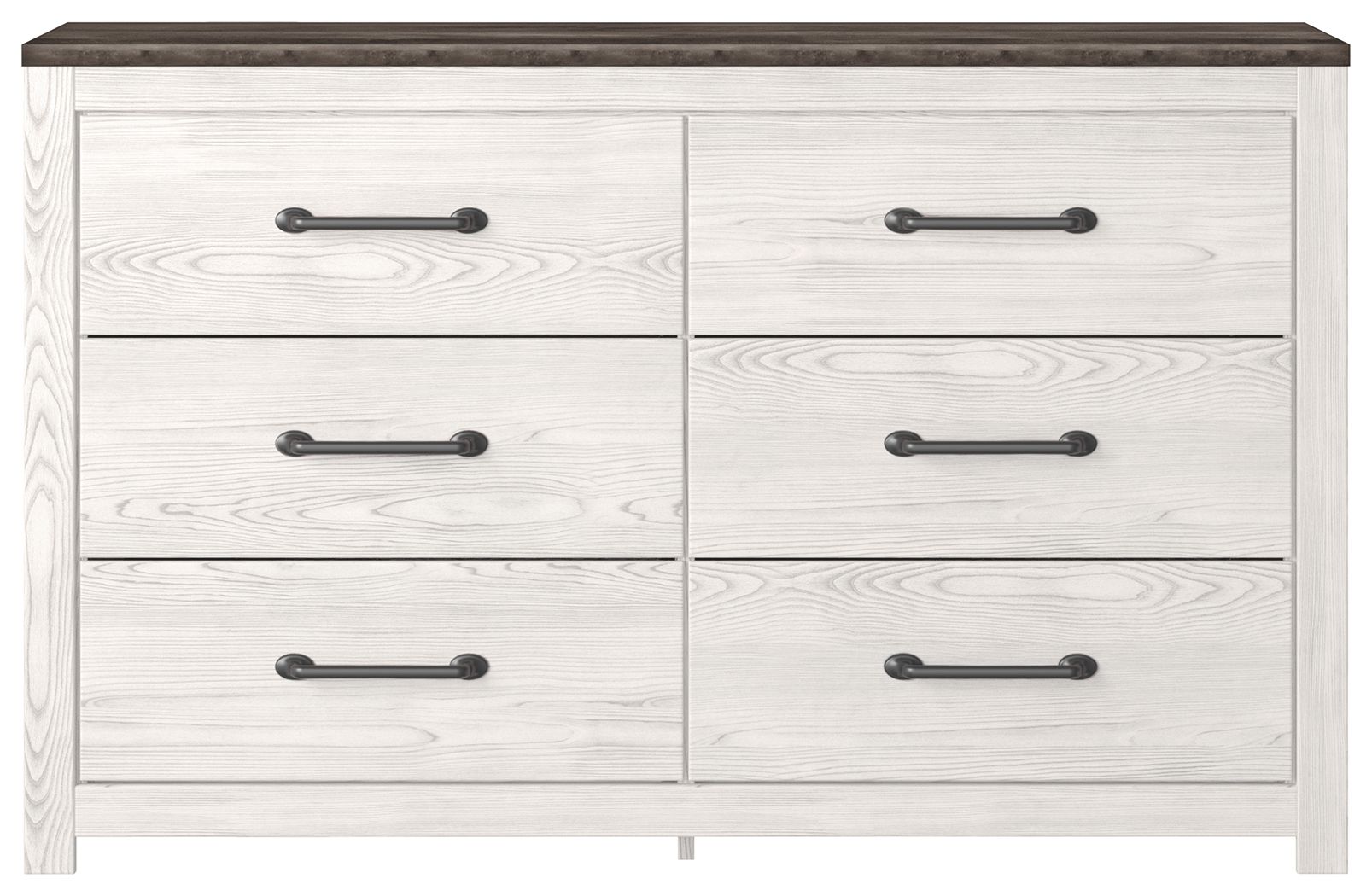 White wood dresser with six drawers and black bar pulls, dark wood top