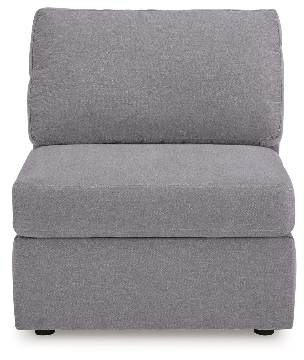 Gray armless chair with tall backrest and padded seat, upholstered in textured fabric