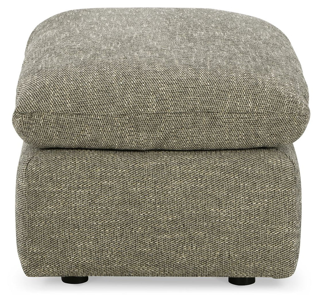 Gray upholstered ottoman with cushioned lid and dark legs