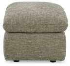 Gray upholstered ottoman with cushioned lid and dark legs