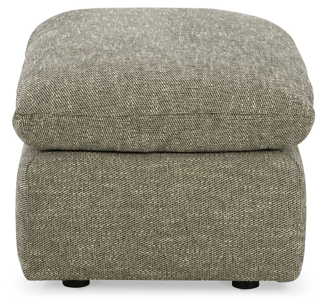 Gray upholstered ottoman with cushioned lid and dark legs