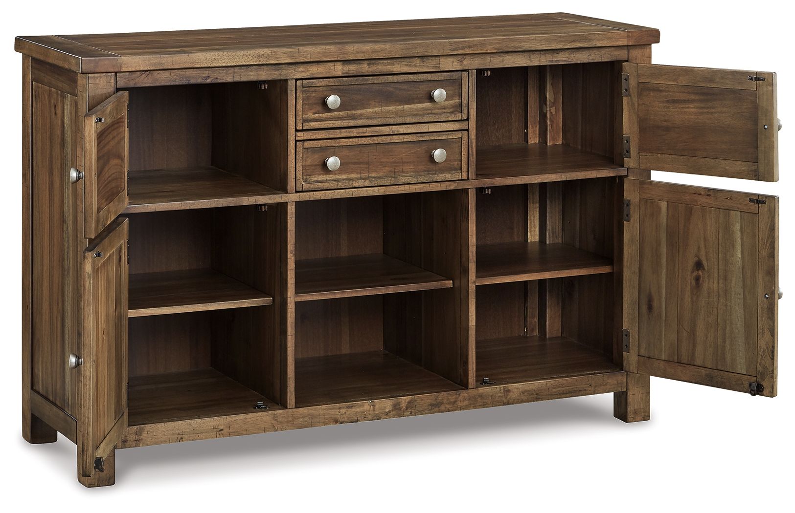 Grayish brown dining room server with two drawers and open shelves; right door open.