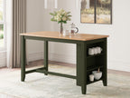 Rectangular dining table in green with open shelves and wood-look tabletop.