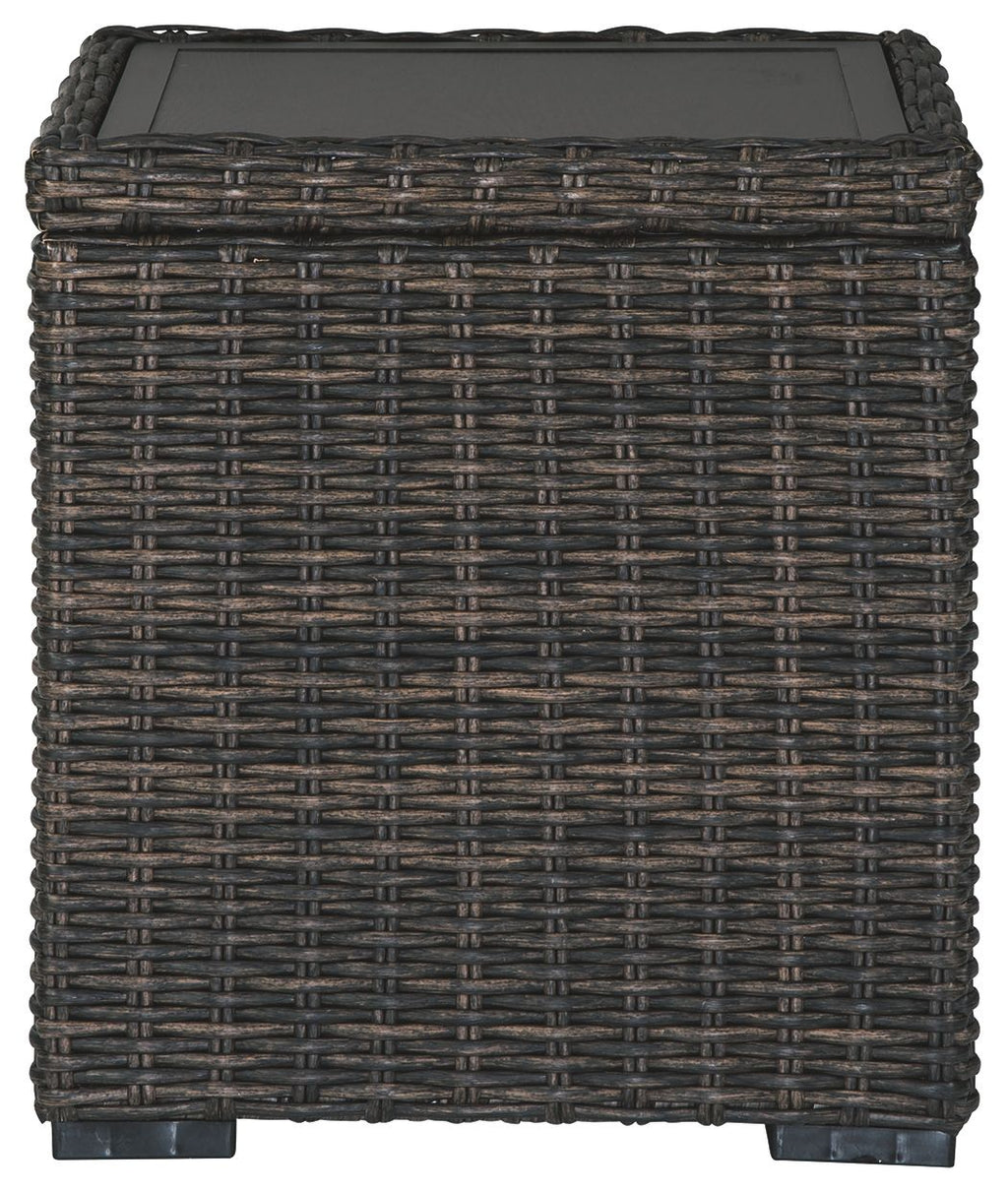 Dark woven square end table with flat tabletop and square silhouette