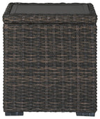 Dark woven square end table with flat tabletop and square silhouette