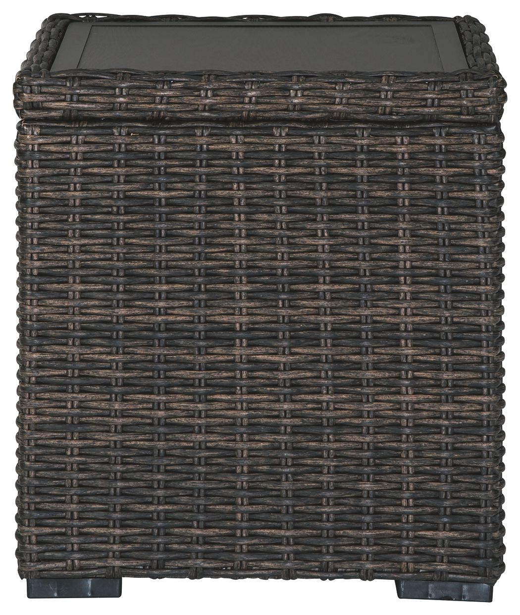 Dark woven square end table with flat tabletop and square silhouette