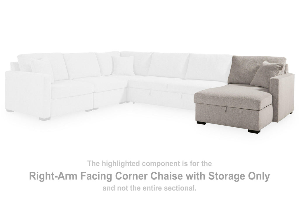 Right-arm facing corner chaise with storage, part of a light gray sectional