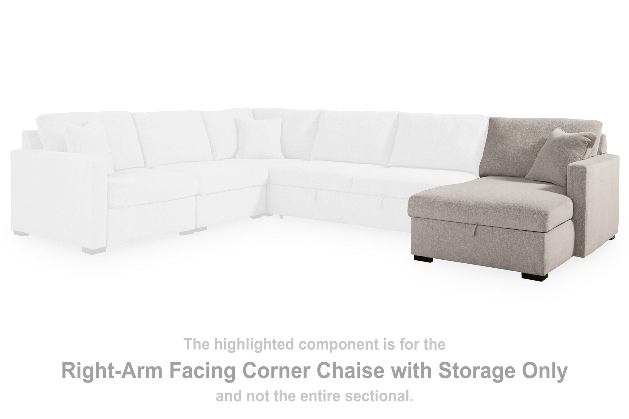 Right-arm facing corner chaise with storage, part of a light gray sectional