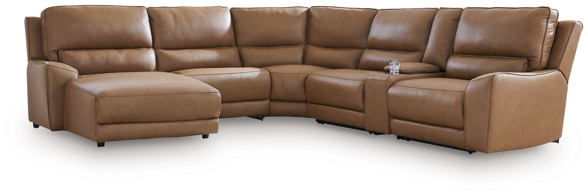 Power reclining sectional sofa with long chaise and padded seat cushions in brown leather