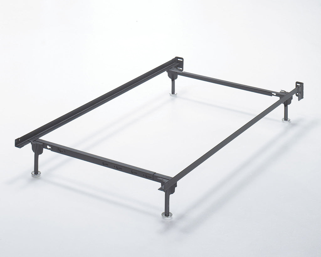 Metallic platform bed frame, dark steel rectangular frame with four legs and bolt corners.