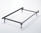 Metallic platform bed frame, dark steel rectangular frame with four legs and bolt corners.
