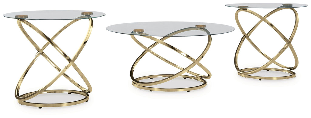 Set of three occasional tables with round clear glass tops and champagne metal X bases