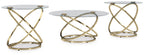 Set of three occasional tables with round clear glass tops and champagne metal X bases