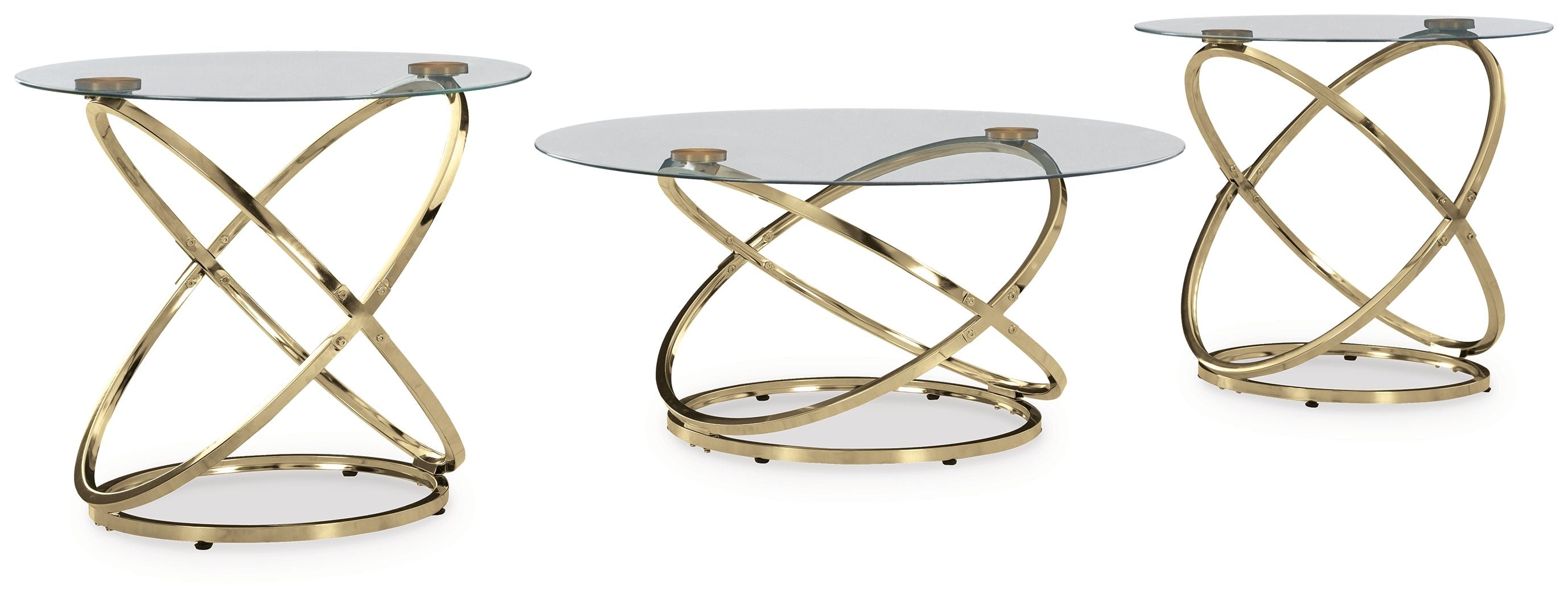 Set of three occasional tables with round clear glass tops and champagne metal X bases