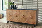 Brown wood accent cabinet with diamond insets, black top, and tapered legs
